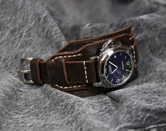 Dark Brown Bund Strap Leather Watch Band Aviator 18-24mm Leather Cuff Watch  Strap Custom Handmade Watch Band 