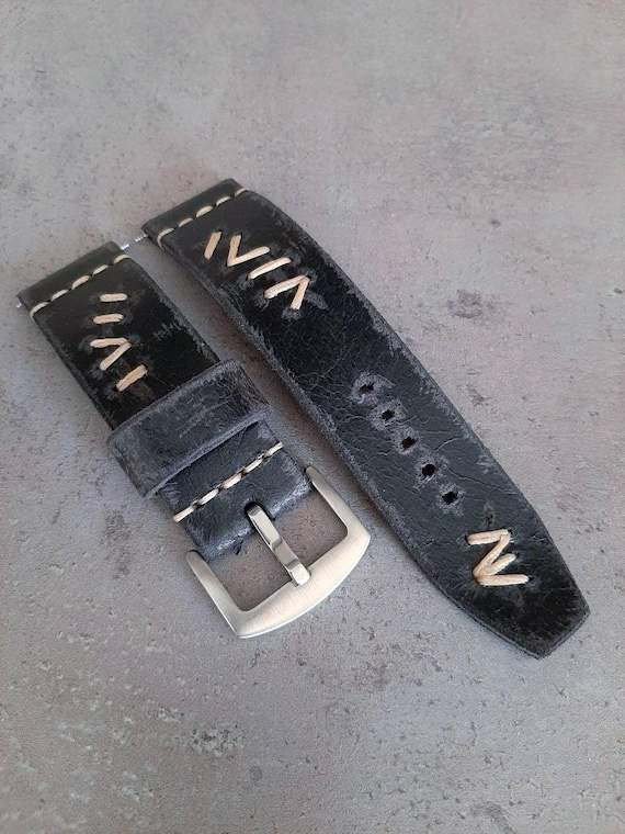 Handmade Black Distressed Leather Watch Strap, 20-26mm Vintage Style Wrist Band