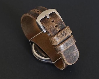 Handmade Brown Distressed Leather Watch Strap, Single Pass Band, 18mm 20mm 22mm 24mm