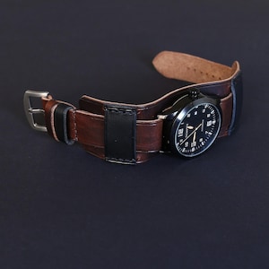 Handmade Brown Leather Bund Watch Strap: 22mm Military Aviator Style