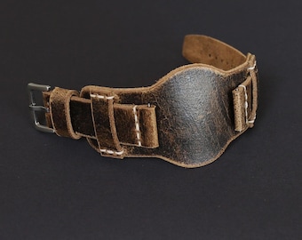 Distressed Leather Cuff Watch Band: Handmade Aviator Style