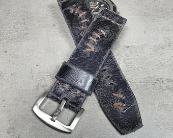 Black Distressed Leather Watch Strap Mens, 20-26mm Vintage Style Wrist Band