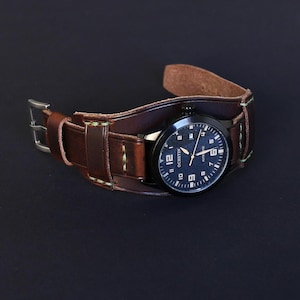 Dark Brown Leather Cuff Watch Band: Handmade Aviator Style
