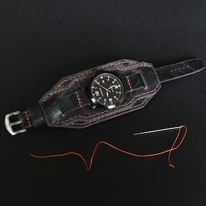 Handmade Bund Watch Strap 18mm 20mm 22mm 24mm – Black Leather Cuff Watch Band – Military Aviator Style – Orange Stitching