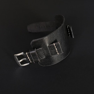 Black leather watch band, Leather cuff watch strap Bund band 18mm 20mm 22mm 24mm, Handmade wide watch band steampunk Distress watch strap