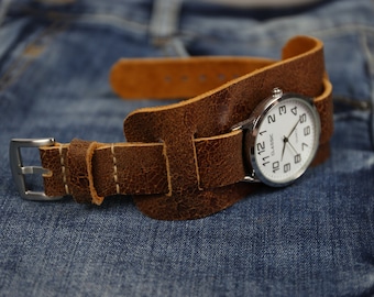 Leather cuff watch band 18mm 20mm 22mm 24mm, Brown soft leather watch band, Handmade leather watch strap men women, Full bund band