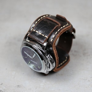 Dark Brown Leather Bund Watch Strap: Handmade Military Aviator Cuff