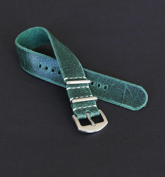 Handmade Green Leather Watch Strap: Vintage Full-grain Military