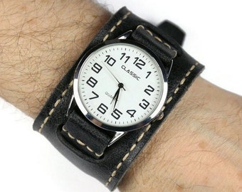 Leather watch band 18mm 20mm 22mm 24mm, Leather watch cuff Handmade Full Bund Strap, Black wrist watch strap for men High quality