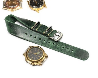 Leather watch band Distressed Single pass watch strap Green 18mm 20mm 22mm 24mm, Custom Handmade soft leather watch strap Military