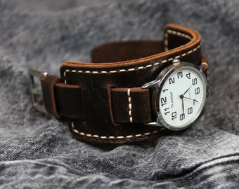 Leather cuff watch band Dark brown Bund strap, Distressed leather watch strap 18mm 20mm 22mm 24mm Bund watch band Handmade wrist watch strap