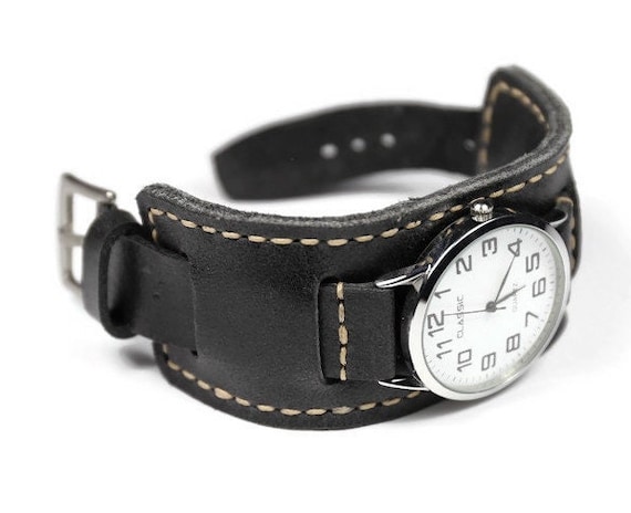 Leather cuff watch band Bund watch strap 18mm 20mm 22mm 24mm Black Distressed leather watch strap Handmade Bund band