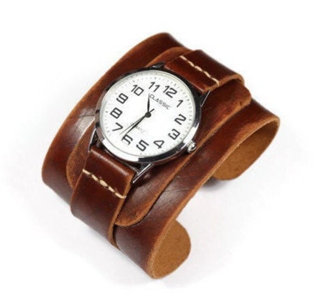 Wide Leather Cuff Watch Strap for Men 20mm 22mm 24mm Handmade Etsy