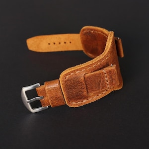 Handmade Brown Leather Cuff Watch Strap: Full Bund Band (18mm-24mm)