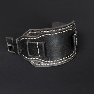 Bund strap 18-24mm, Black leather watch band, Stitched leather cuff watch strap, Handmade wrist strap vintage style