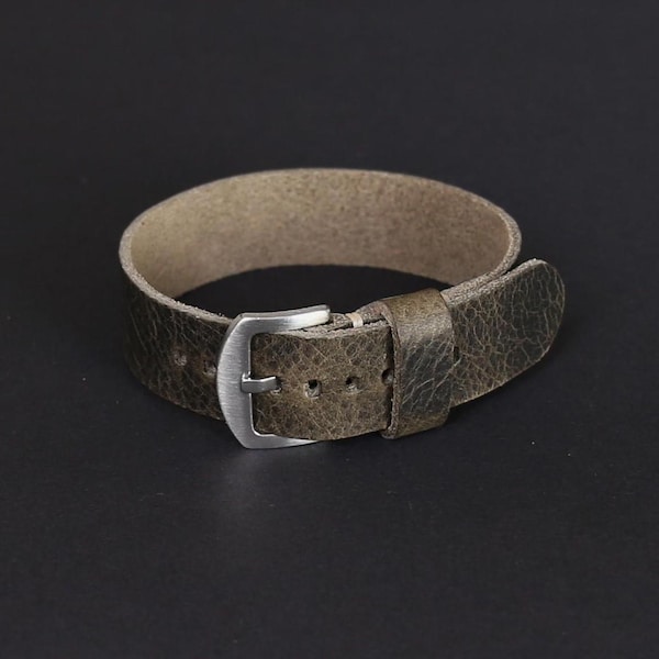 Handmade Vintage Gray Leather Watch Band: Single Pass Military Strap