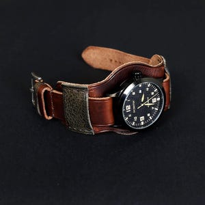 Handmade Dark Brown Leather Bund Watch Strap: 22mm Military Aviator Style