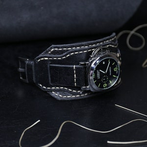 Handmade Black Leather Bund Watch Strap – Aviator Military Style 18mm, 20mm, 22mm, 24mm