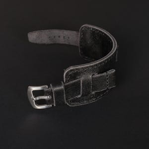 Black Leather Bund Watch Strap: Military Style Cuff Band
