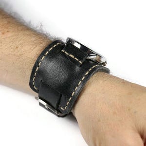 Black Leather Bund Watch Band: Handmade Military Style Cuff