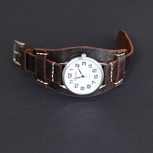 Handmade Dark Brown Leather Bund Watch Strap: Vintage Aviator Style 20mm