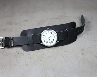 Leather cuff watch strap men, 18mm 20mm 22mm 24mm Veg tanned watch bund band Black Handmade leather watch band Badalassi, Bund Strap Aviator