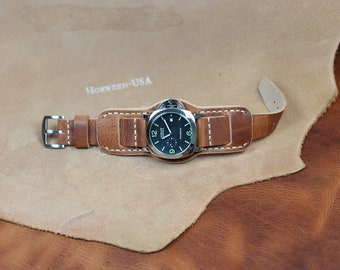 Bund strap Horween Derby Leather watch strap 18mm 20 mm 22 mm 24mm, Custom Handmade cuff watch band Brown
