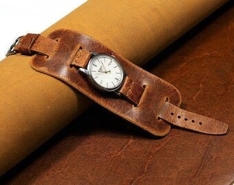 Leather watch strap, Brown handmade cuff watch band mens womens, bund watch strap 18mm 20mm 22mm 24mm