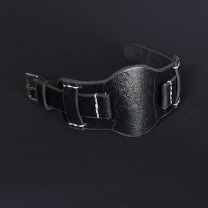 Leather cuff watch band, Soft durable Black wrist band, 18mm 20mm 22mm 24mm 26mm, Handmade Bund band Military style