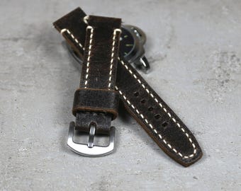 Dark Brown Leather Watch Band: Handmade Vintage Two-piece Strap 18-26mm