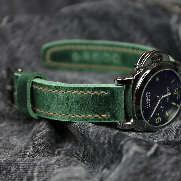 Beunruhigtes Lederarmband Grünes dickes weiches Lederarmband 18mm 20mm 22mm 24mm 26mm Benutzerdefiniertes handgefertigtes zweiteiliges Armband Jahrestagsgeschenk