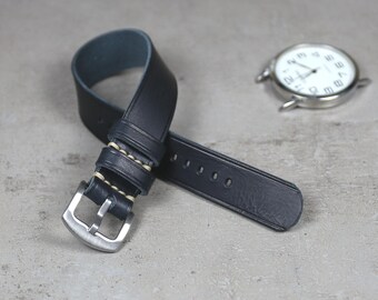 Dark Blue Leather Watch Band: Handmade Vintage One-Piece Strap 18–24mm