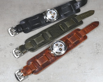 Badalassi Leather Watch Band, Bund Strap Aviator Style Brown, Gray, Black 18–24mm