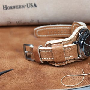 Horween Leather Bund Watch Strap: Handmade Thick Cuff, Military Aviator Style