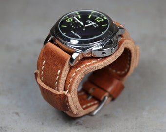 Horween leather cuff watch strap, Thick leather wrist watch band Handmade Bund strap Brown Military Aviator 18mm 20mm 22mm 24mm