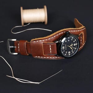 Handmade Brown Leather Bund Watch Strap: Vintage Aviator Cuff