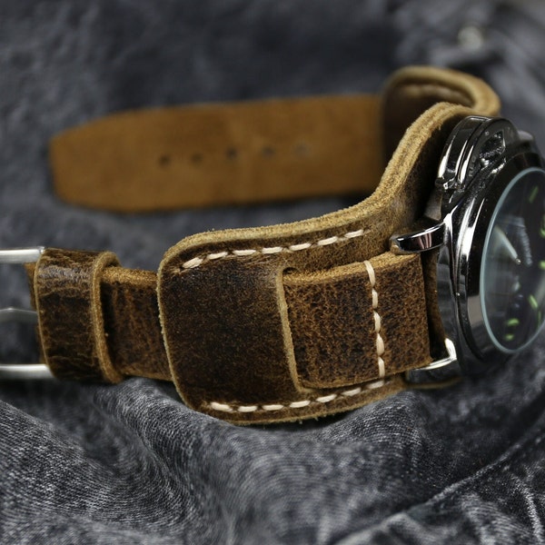 Leather watch strap Bund strap Distressed Leather cuff watch band for men 18mm 20mm 22mm 24mm, Brown strap handmade Military Aviator style