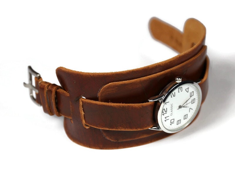 Wide Leather Cuff Watch Strap, 18mm 20mm 22mm 24mm Brown