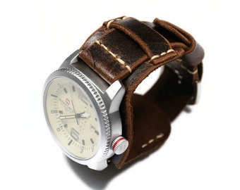 Leather cuff watch band Black, Brown 18mm 20mm 22mm 24mm 26mm Handmade Bund strap Aviator