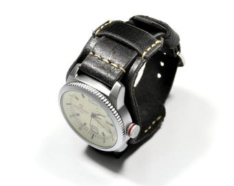 Handmade Black Leather Bund Watch Strap: Aviator Military Style
