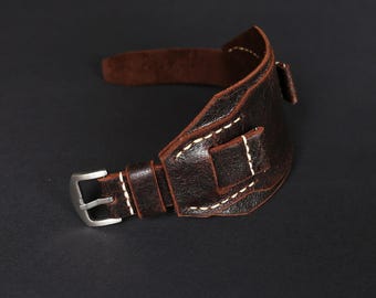 Dark brown Leather cuff watch band Aviator 18mm 20mm 22mm 24mm  Handmade Bund strap