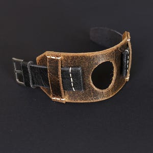 Handmade Black Leather Watch Strap with Brown Cuff: Vintage Bund Band (18-26mm)