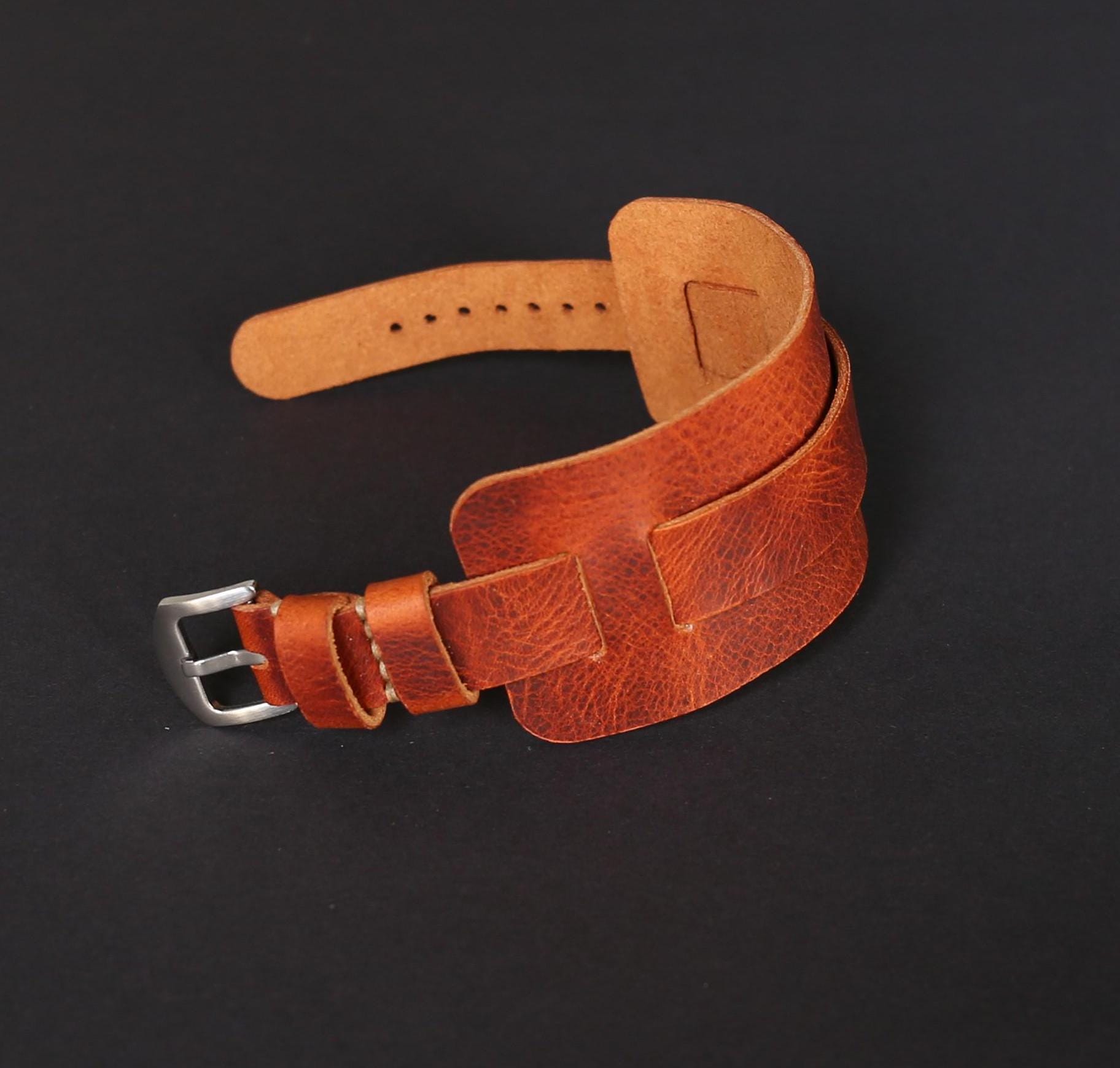 Brown Leather Bund Watch Band: Handmade Veg Tan Cuff Strap