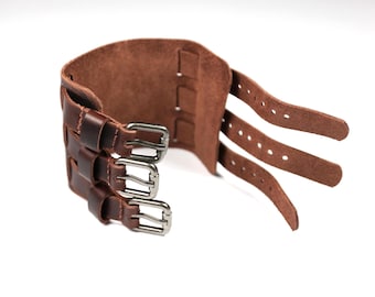 Wide Leather Cuff Bracelet: Distressed Brown Triple Strap, Handmade