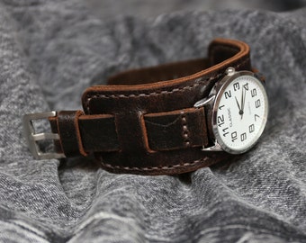 Leather cuff watch band Dark brown Bund strap, 18mm 20mm 22mm 24mm Handmade wrist watch strap men