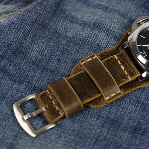 Handmade Brown Leather Cuff Watch Band: Aviator Military Style
