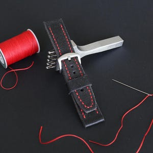 Handmade Black leather watch strap, Distressed leather watch band men 18mm 20mm 22mm 24mm, Soft Two piece watch strap stitched red thread