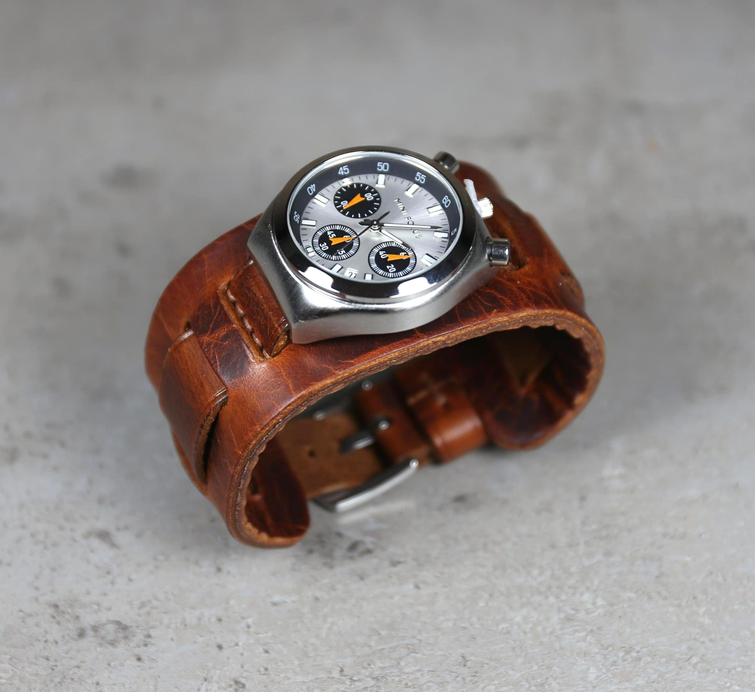 Handmade Leather Watch Band, Brown Bund Strap Vintage Aviator