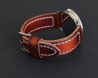 Handmade Leather Watch Strap, Vintage Brown Full Grain Two-Piece Band 18-26mm