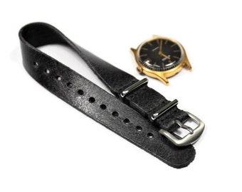 Black Distressed leather watch band soft 18mm 20mm 22mm 24mm, Length 250mm 280mm Handmade Military style one piece strap design